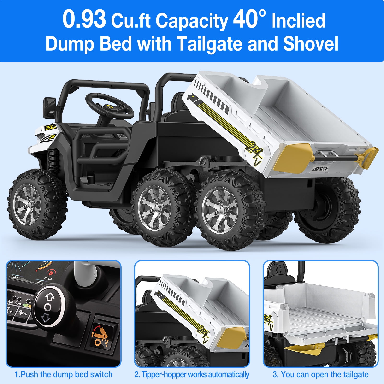 Danolapsi 24V Kids 2-Seater 6X6 Ride On Dump Truck, Electric