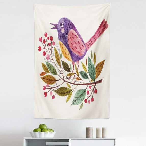 Birds Tapestry, Inspirational Spring Themed Watercolor Design of a Mockingbird on Scarlet Firethorn, Fabric Wall Hanging Decor for Bedroom Living Room Dorm, 5 Sizes, Multicolor, by Ambesonne