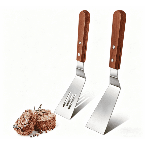 Metal Spatula Set, Stainless Steel Griddle Spatulas with Wooden Handle, Slotted & Solid Turner for Cooking, Baking, BBQ, Grilling