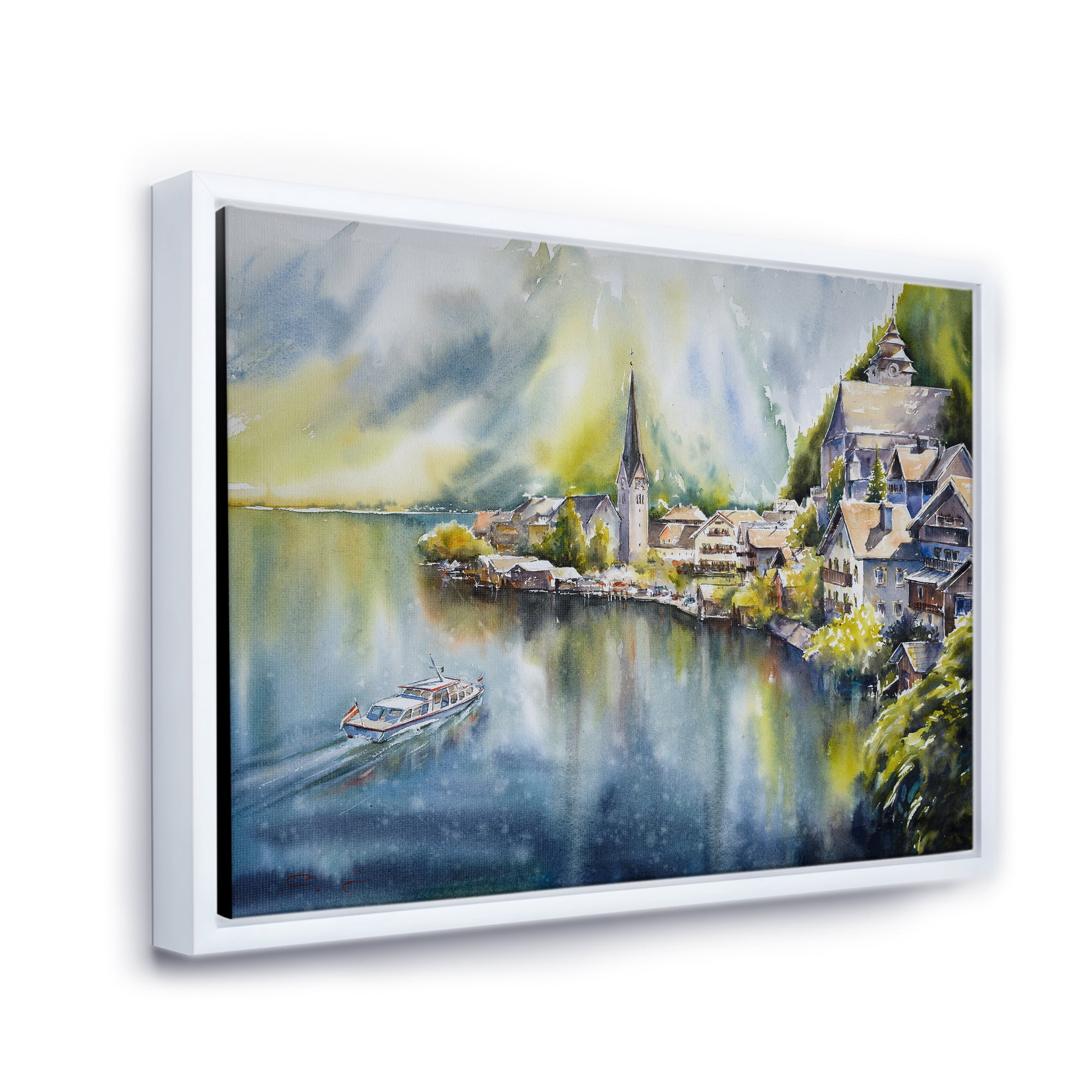 Designart 'The River In Austria Through Mountain Village' Nautical & Coastal Framed Canvas Wall Art Print