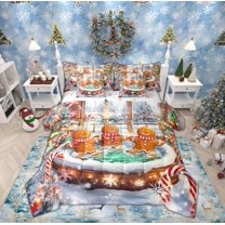 Feelyou Teen Gingerbread Man Bedding Comforter Set 7 Pieces, Cartoon Winter Christmas Full Bedding Set, Glitter Snowflake Reversible Fitted Sheet Flat Sheet, Microfiber Bedroom Decor