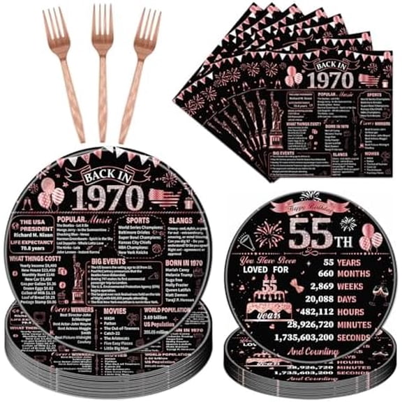 55 Birthday Decorations for Women, 96PCS 55th Party Plates Napkins and Forks Tableware, Rose Gold Disposable Cheers to 55 Years Dinnerware Supplies 24 Guests