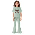 thumbnail image 3 of UACY Girls Fashion Clothes Leopard Bow 2 Piece Outfits Kids Cute Clothing Sets Short Sleeve T Shirt Matching Flare Pants Set (Green, 4-5 Years), 3 of 5