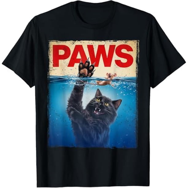 Paws - Camiseta de gato negro con parodia persiguiendo a un lindo ratón asustado