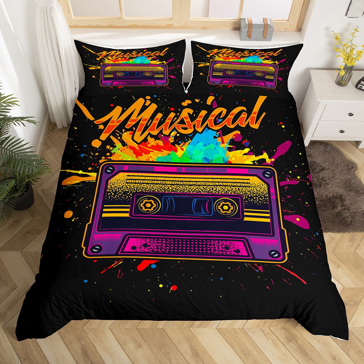 YST Musical Theme Duvet Cover Full Purpla Cassette Tape Bedding Set
