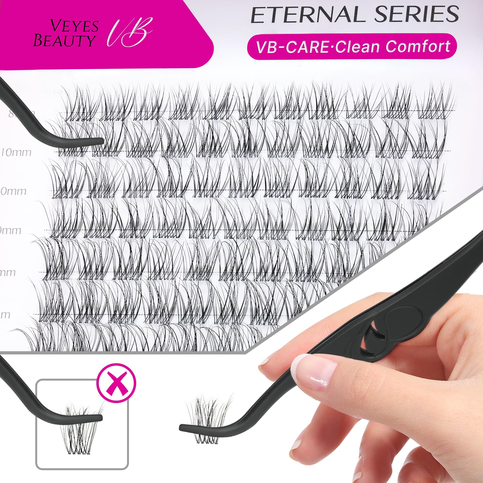 VEYESBEAUTY VB-Care N°10 Lash Clusters 132pcs – Ultra-Light Natural Individual Cluster Lashes with 0.05mm Invisible Band, Hygienic & Reusable Lash Tray