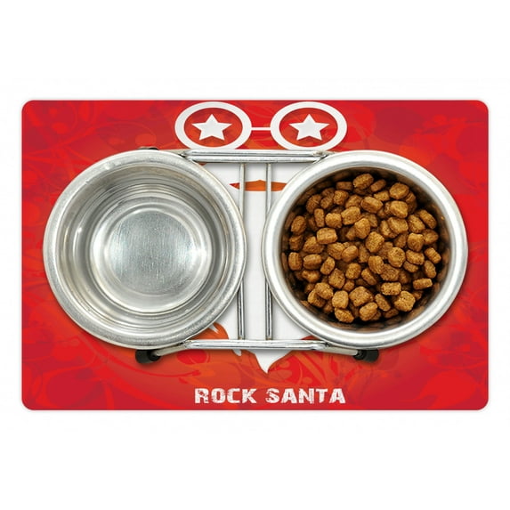 Indie Pet Mat for Food and Water, Rock Santa Claus Christmas Theme Beard Silhouette and Round Glasses with Stars, Non-Slip Rubber Mat for Dogs and Cats, 18" X 12", by Ambesonne