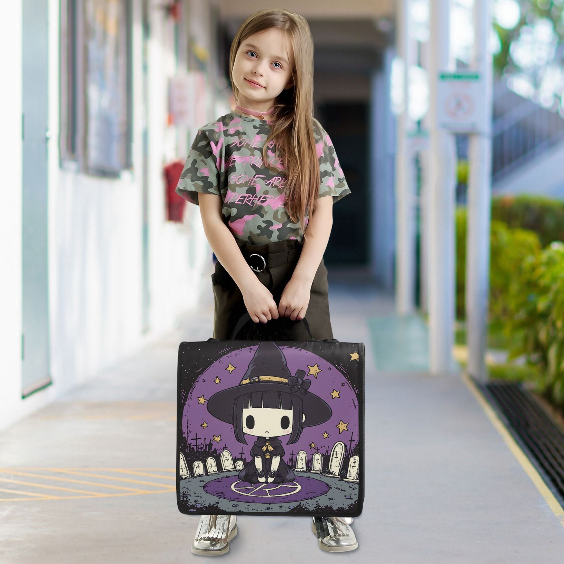 3 Ring Zipper Binder with Shoulder Strap Waterproof Trapper Keeper 2 Inch D-Ring 500 Sheets Capacity Cute Witch Tombstones Star