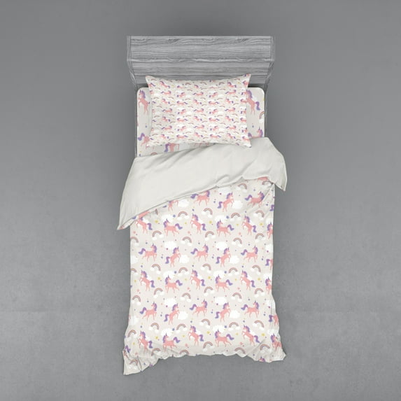 Ambesonne Rainbow Bedding Set 3 Pcs, Dreamy Unicorn Stars Clouds, Twin XL, Pale Salmon Multicolor