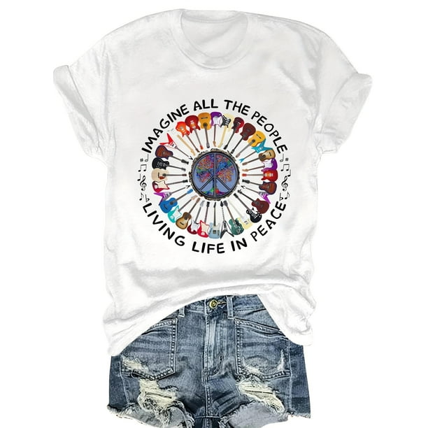 Girl's Graphic Print T-Shirt - Short Sleeve Crew Neck Casual Top with Peace Symbols & Inspirational Quote, Lightweight Summer & Spring Tee, Machine Washable, Nontransparent Fabric