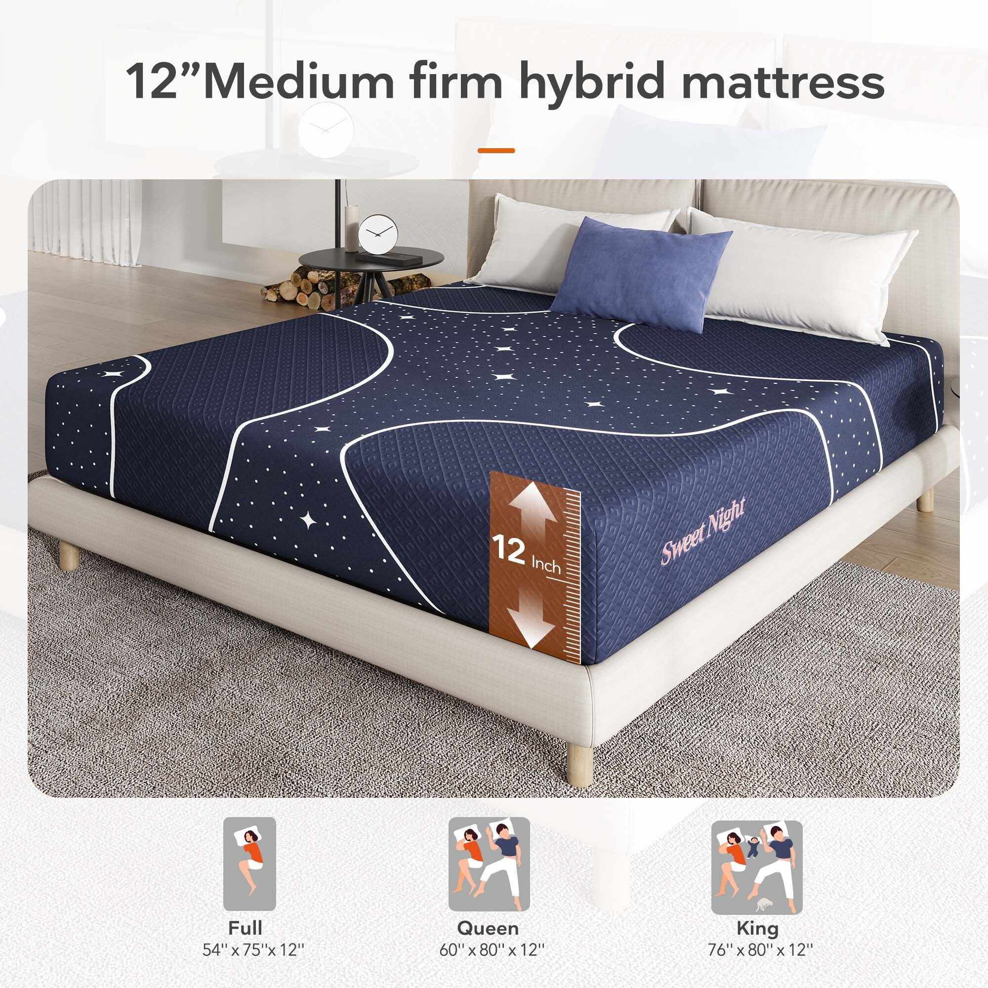 Sweetnight Starry Night 12" Pocket Spring Hybrid Mattress, King Size