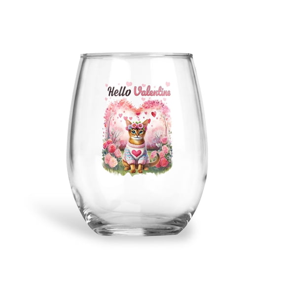 Hello Valentine’s Day Abyssinian Flower Crown Romantic Pink Floral 15oz Stemless Wine Glass Mug Cat Lover Kitten Owner Gifts Wine Glasses Cup - 00031