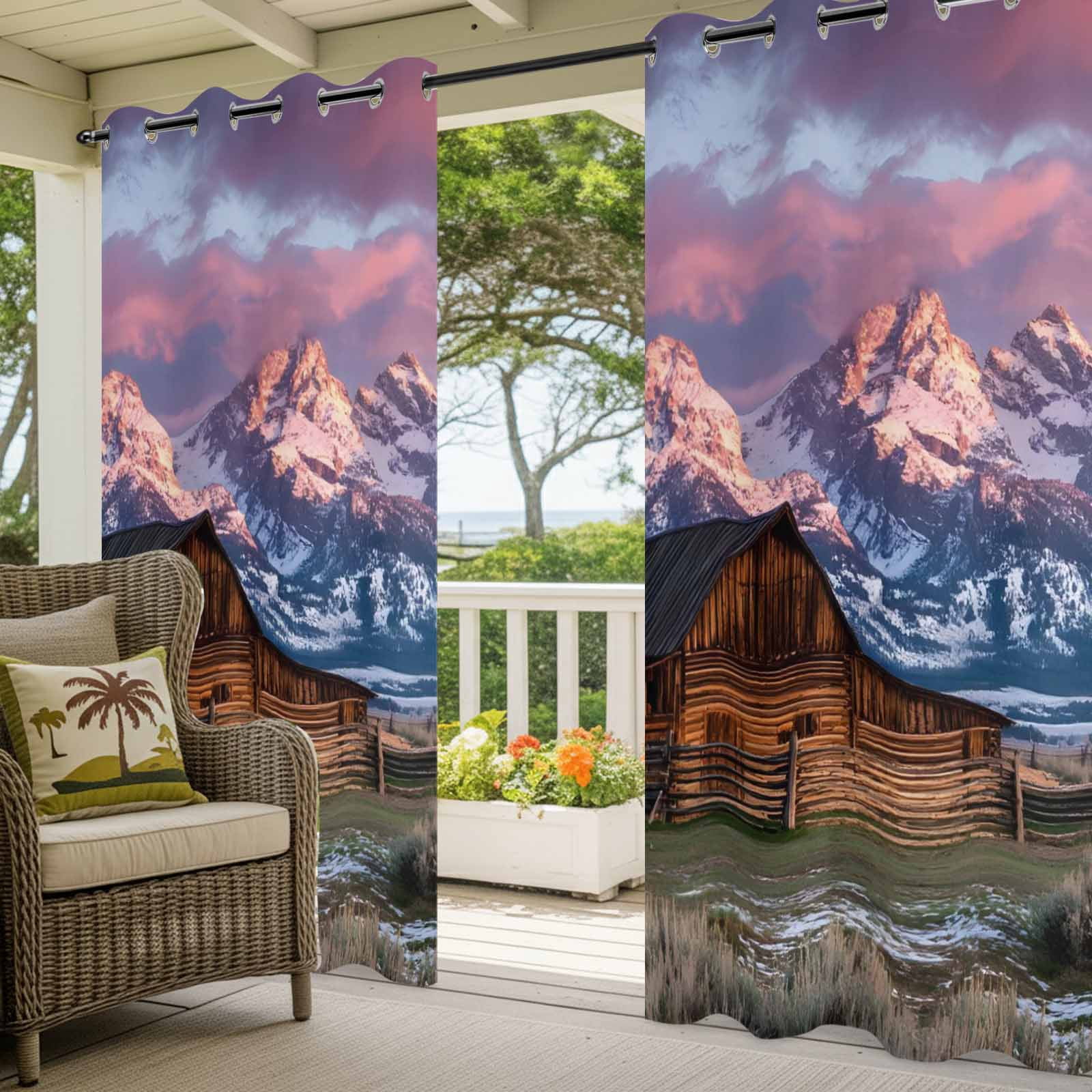 Mountain Landscape Outdoor Curtains for Patio, Rustic Barn Grasslands Farmhouse Sunshade Privacy Drapes Grommet Waterproof Outside Curtains for Porch/Cabana/Balcony 54"x 108", 1 Panel