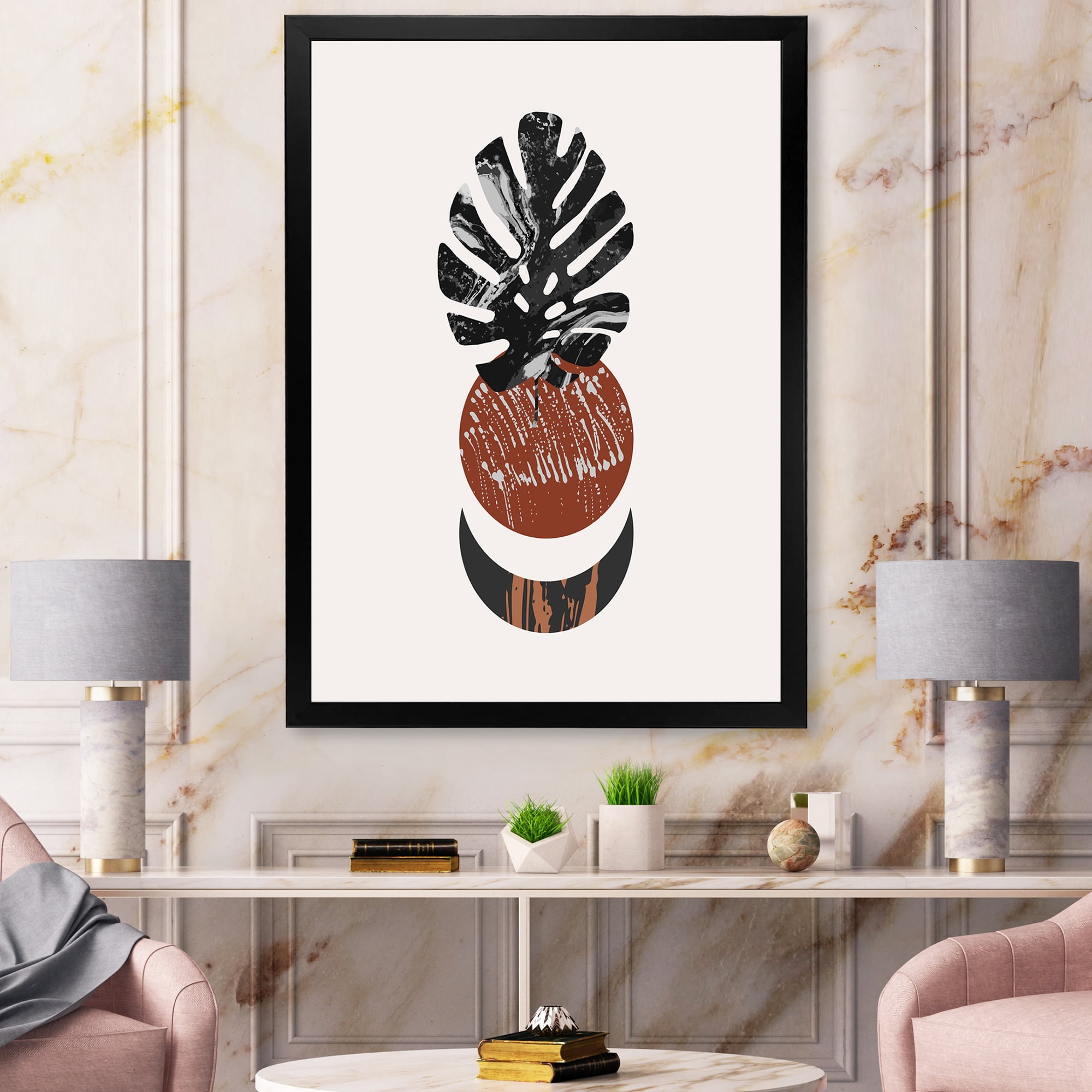 Designart 'Abstact Tropical Palm Leaf, Minimal Sun And Moon II' Modern Framed Art Print