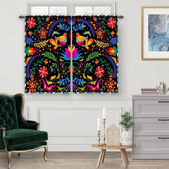 Mexican Stripes Bird Kitchen Curtains Cafe Curtains for Bathroom Dining Room Living Room Pocket Window Drapes 2 Panels Set 28"x40"