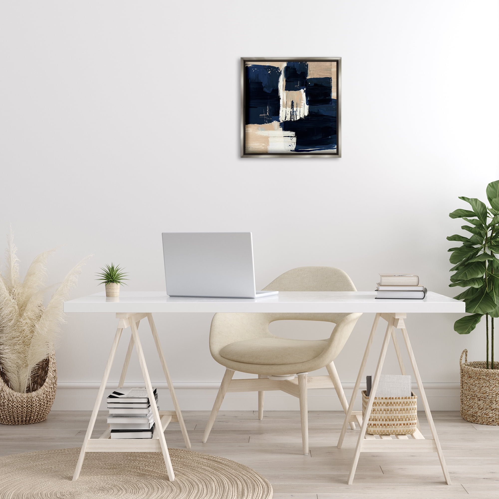 Stupell Industries Restless Blue & Tan Shapes Abstract Painting Gray Floater Framed Canvas Art Print Wall Art, 18 x 18
