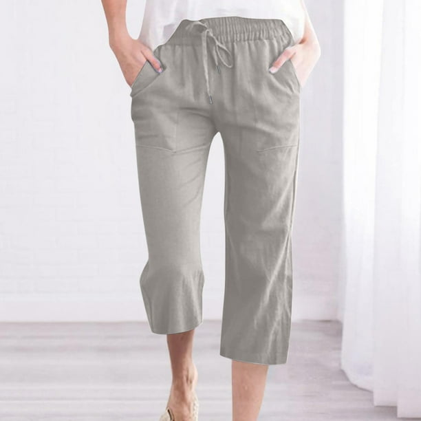 Capri Pants for Women Casual 2023 Summer Elastic High Waist Cotton Linen  Pant Straight Wide Leg Capris Cropped Trouser 