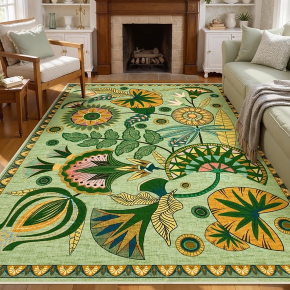 Joydeco Egypt Floral Boho Washable 5x7 Rug for Bedroom Nursery, Sage Green Vintage Living Room Playroom Area Rug Non Slip, Colorf