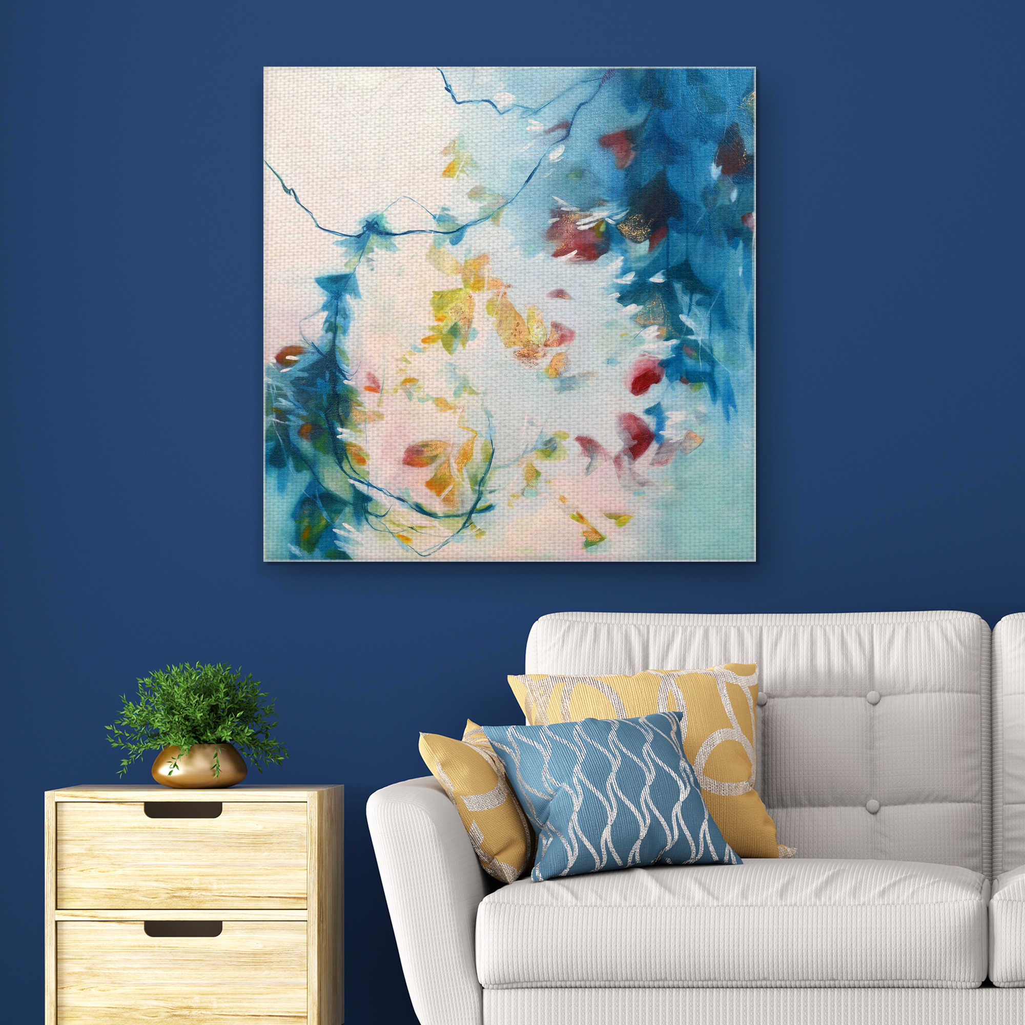 Masterpiece Art Gallery First Blush Blue Leaves by Elisa Sheehan Canvas Art Print 35" x 35"