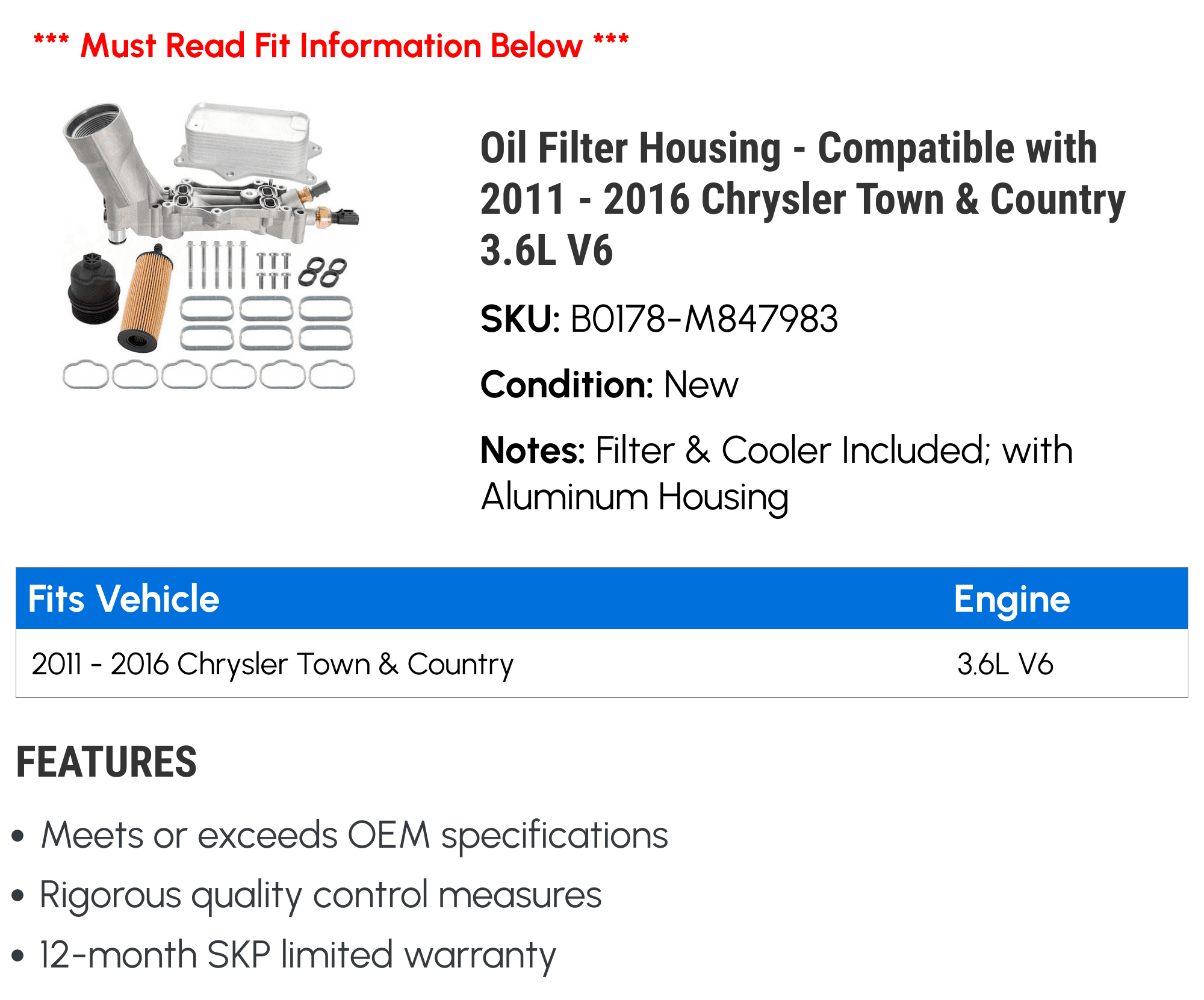 Oil Filter Housing - Compatible with 2011 - 2016 Chrysler Town & Country 3.6L V6 2012 2013 2014 2015