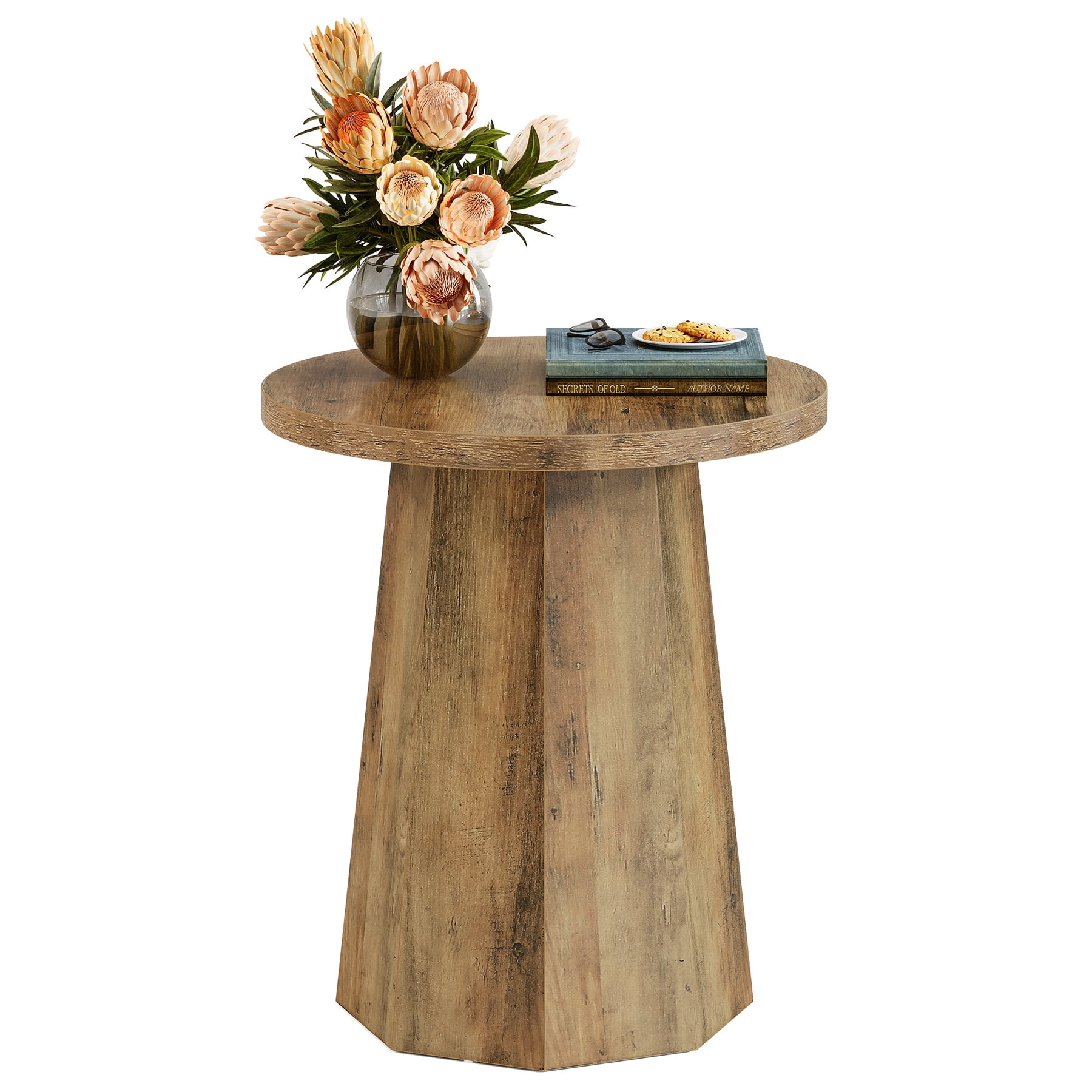 Fnova Farmhouse Round End Table, Wooden Side Table with Octagonal Base, Nightstand Pedestal Accent Furniture for Living Room, Bedroom