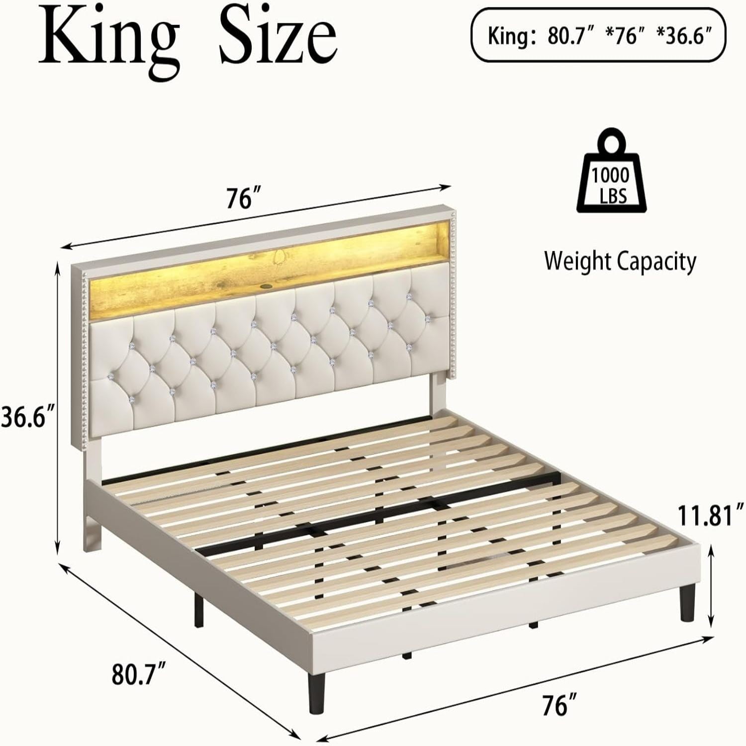 4 EVER WINNER King Size Bed Frame with Storage Headboard, Velvet Upholstered Bed Frame with LED Light, White King Bed Frame with Charge Station, White