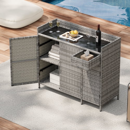 K&K 47.5"W Wicker Outdoor Storage Cabinet with Tempered Glass Desktop, Weather-proof Rattan Bar Table with Three Doors, Adjustable Shelf, and One Drawer, for Outdoor Cushions, Pool Toys , Grey