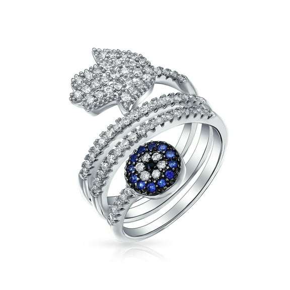 Bling Jewelry Womens Spiritual Blue CZ Hamsa Evil Eye Wrap Bypass Statement Ring Silver Plated