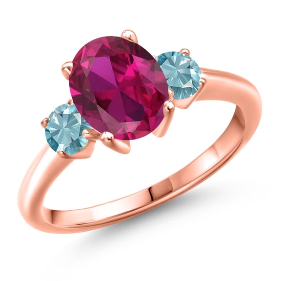 Gem Stone King 18K Rose Gold Plated Silver Red Created Ruby and Blue Zircon Engagement Ring for Women | 3.00 Cttw | Oval 9X7MM | Gemstone July Birthstone | Size 6