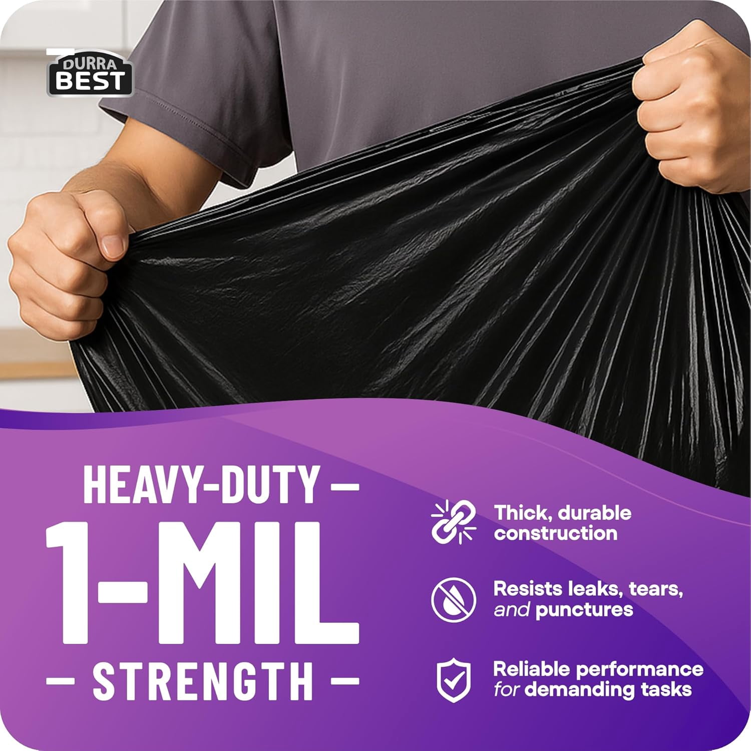 DURRA BEST Heavy-Duty Trash Bags – 120 count, 18 Gallon Black, Ultra Thick Drawstring Garbage Bags – Leak-Resistant for Home & Commercial Use, Big Trash Bags, Made in USA