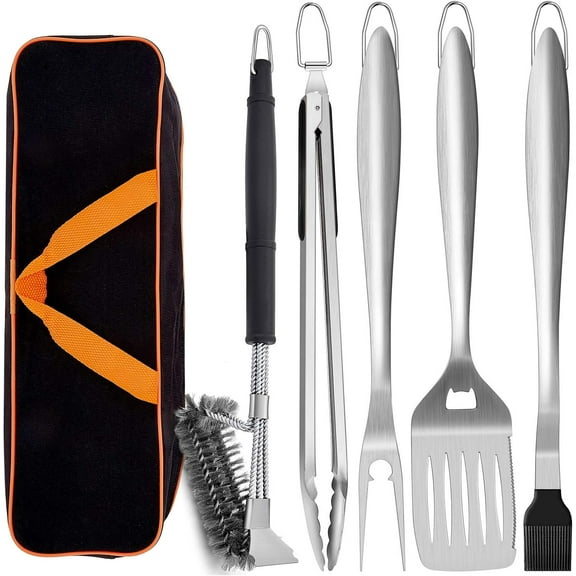 Grill Tools Set of 6, 18Inch Extra-Long BBQ Tool Set, Heavy-Duty Barbecue Grilling Accessories, Stainless Steel Spatula, Fork, Tong, Basting Brush, Cleaning Brush, Carrying Bag