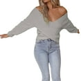 thumbnail image 6 of Women Long Sleeve Low Cut Sexy Knitted Wrap V Neck Cross Front Sweater Pullover, 6 of 6