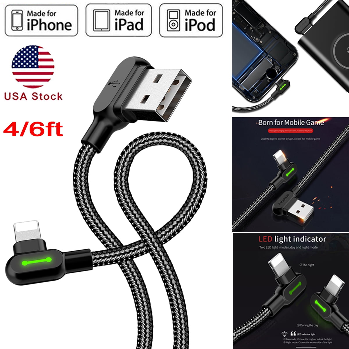 90 Degree Elbow Led Light Braided Usb Lightning Charge Cable For Iphone12 11 Xr 7 8 6 Walmart Com Walmart Com