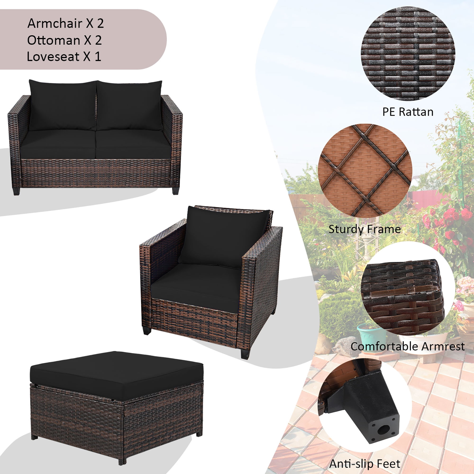 Costway 5PCS Patio Rattan Furniture Set Loveseat Sofa Ottoman Cushioned Black