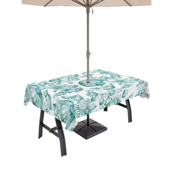 60x84 Inch Outdoor Tablecloth with Umbrella Hole Zipper Rectangle Green Coastal Rectangular Tablecloths Waterproof Summer Conchfish Scallops Vintage Nautical Patio Table Cloth Cover for Picnic Party
