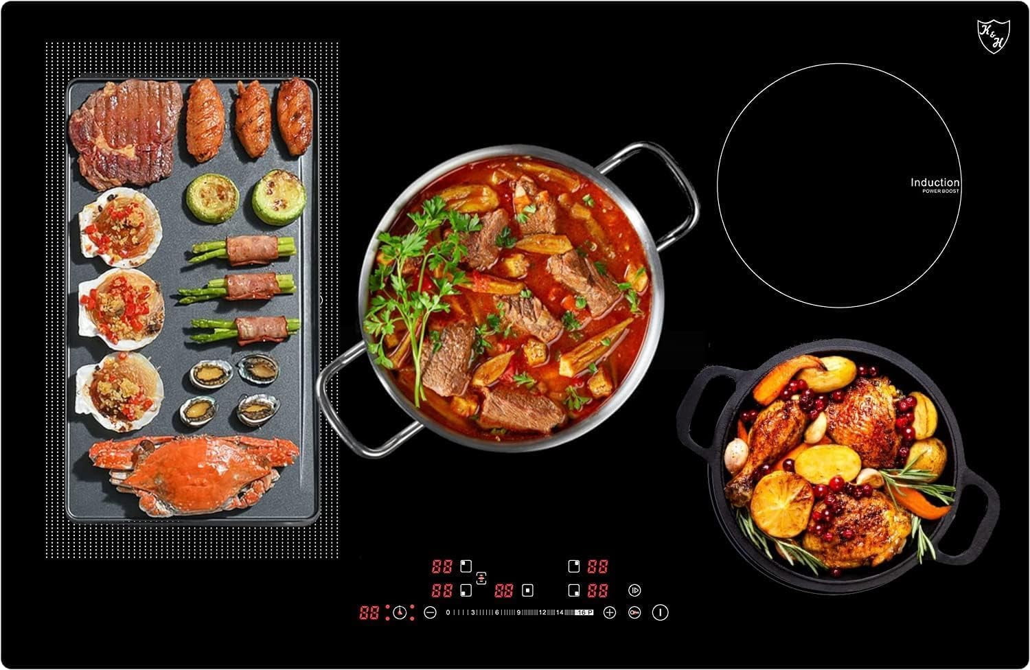 K&H SIGNATURE SERIES 5 Burner 36 Inch Built-in Induction FLEX Electric Stove Top Ceramic Cooktop SLIDER Touch Control 240V 9400W IN36-9400FLX