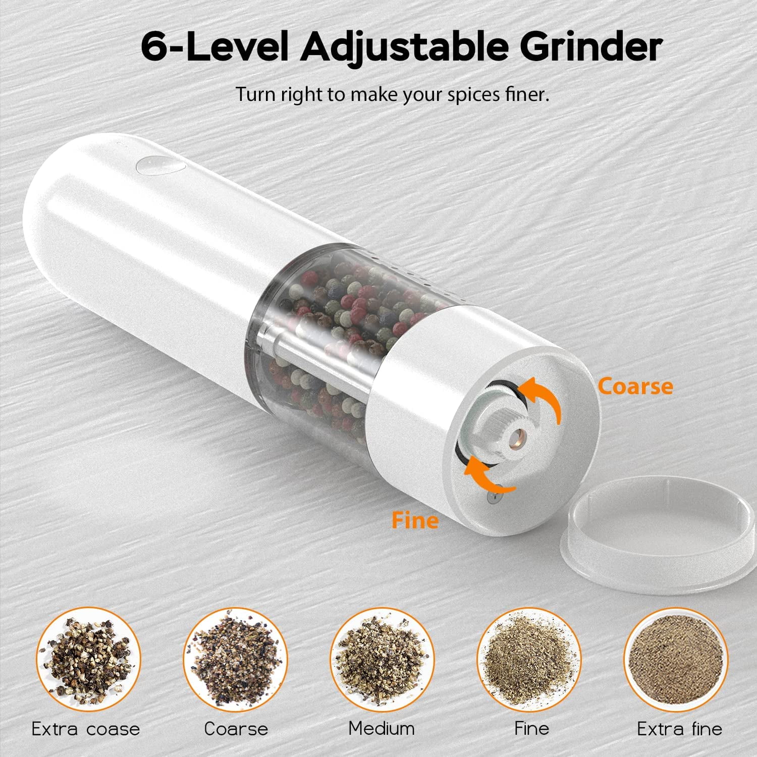 Tomeem Electric Salt Pepper Grinder Set Automatic One Hand Operation USB Rechargeable 6 Level Adjustable Coarseness & LED Light Refillable, White