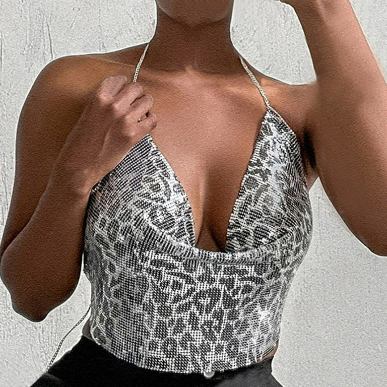 EHQJNJ Camisole Tops for Women Lace Bra Women Print Chain Clothes Beading  Adjustable Sleeveless Backless Halter Crop Top Club Vintage Tank Tops Tube