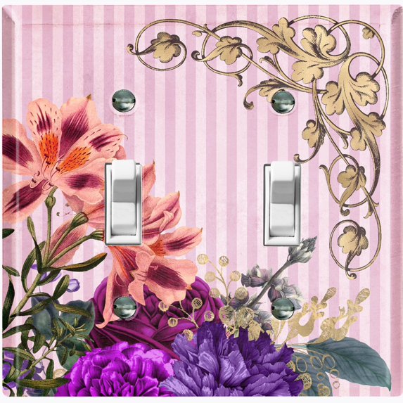 Metal Light Switch Plate Outlet Cover Elegant Pink Floral Striped Damask FLW075