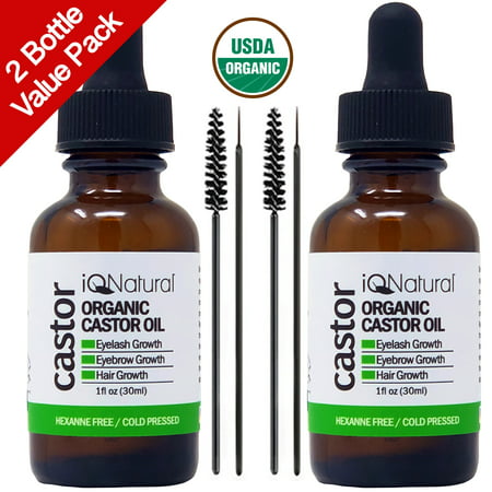 Organic Castor Oil - 100% USDA Certified Pure Cold Pressed - Boost Growth For Eyelashes, Hair, Eyebrows, Face and Skin - with Treatment Applicator Kit 1oz (30ml) ((2 Pack) 1oz each (Best Foods For Hair Growth And Skin)