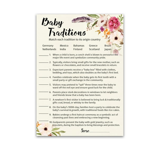 BOHEMIAN Baby Shower Game — BOHO BABY TRADITIONS around the World Game — Pack of 25 — Fun Baby Facts Trivia, GIRL Baby Shower Games, Pink Floral Baby Shower Activity Co-ed Couples Shower G400-BTW