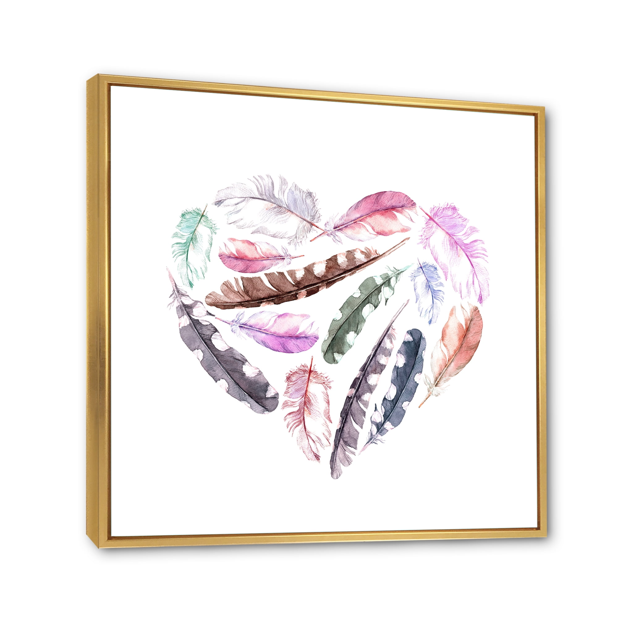 Designart 'Retro Pink Bird Feathers With Heart' Bohemian & Eclectic Framed Canvas Wall Art Print