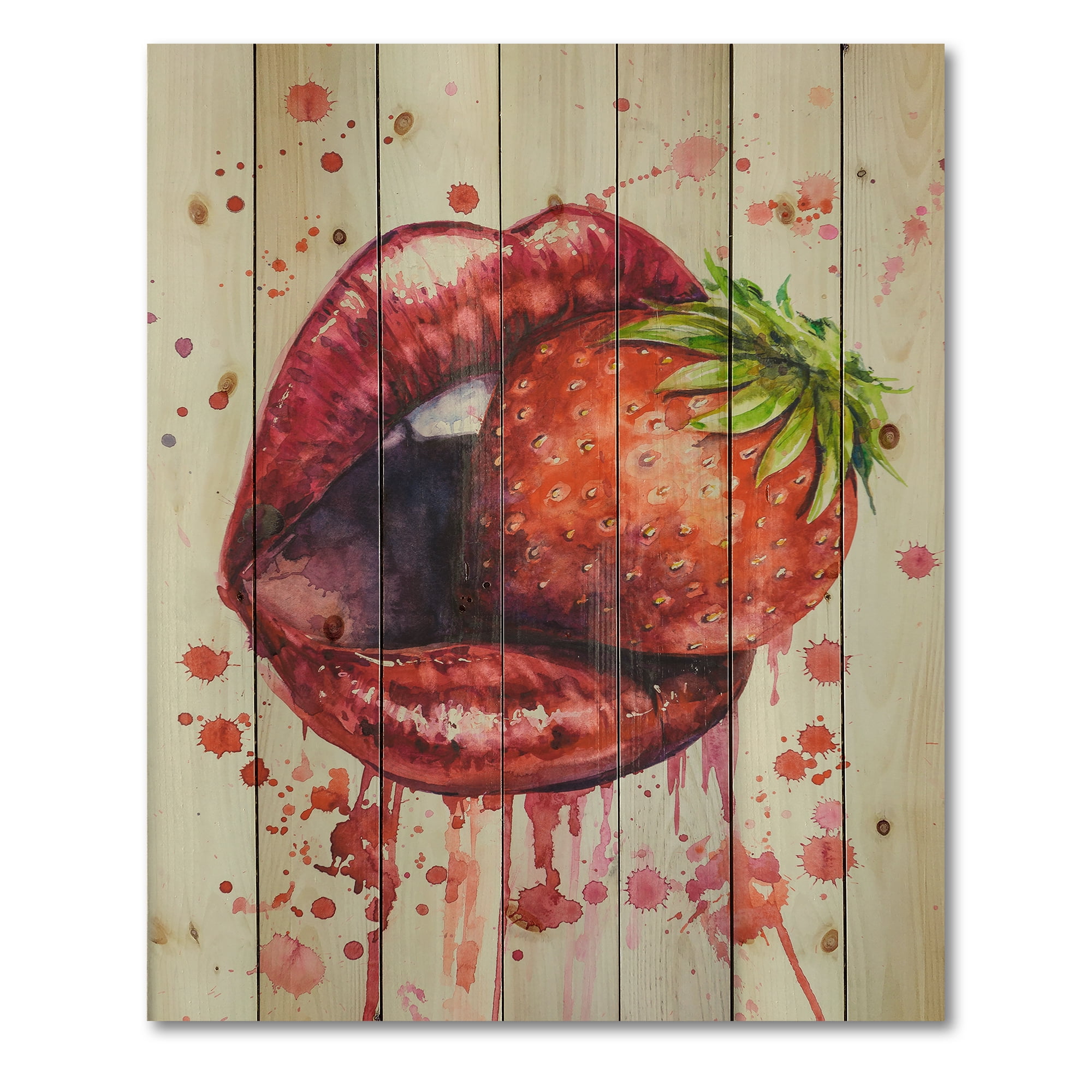 Designart 'Red Girl Lips Eating A Strawberry' Modern Print on Natural Pine Wood