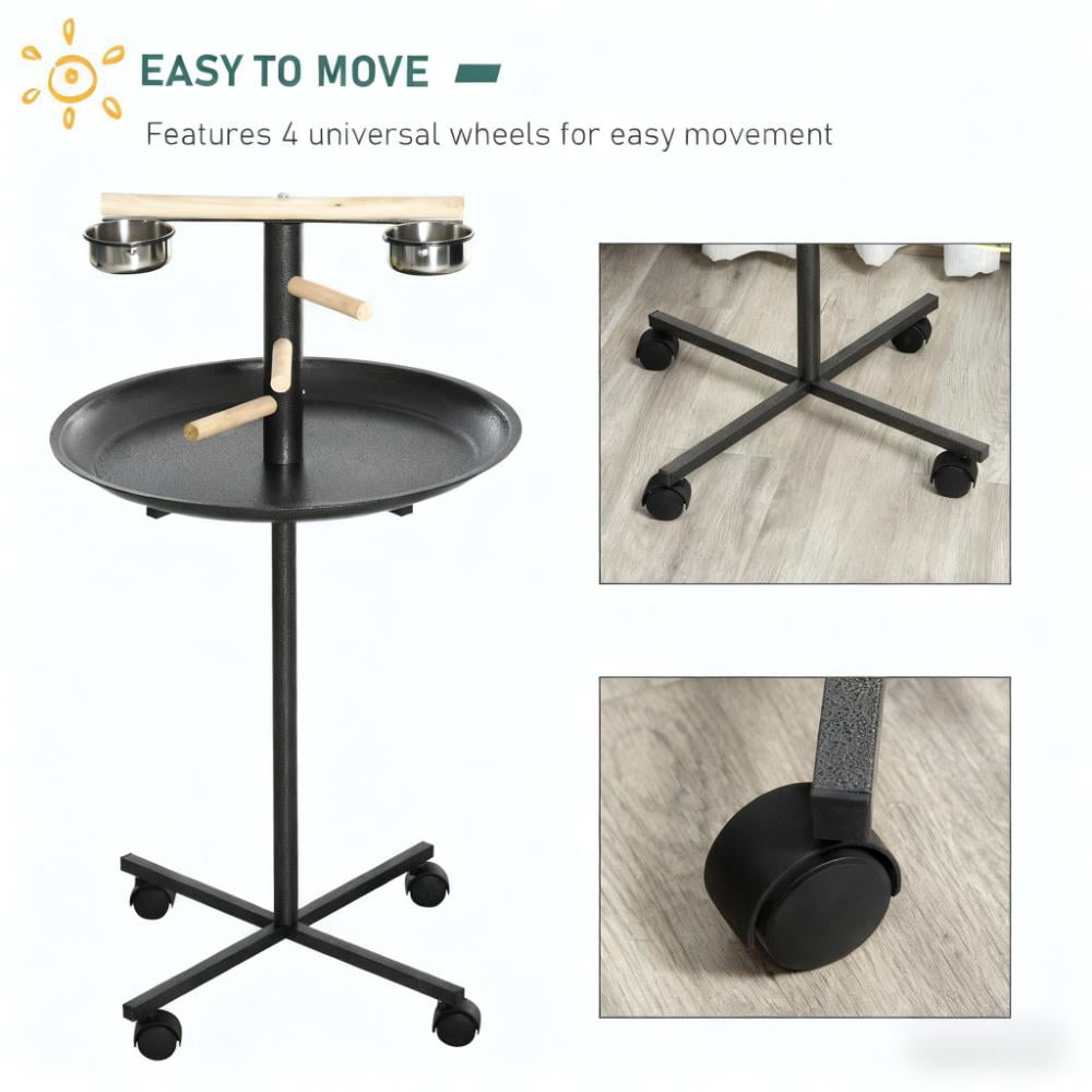 Bird Feeder Station with Wheels,Portable Bird Play Stand,Stainless Steel Feeding Bowls, Tray