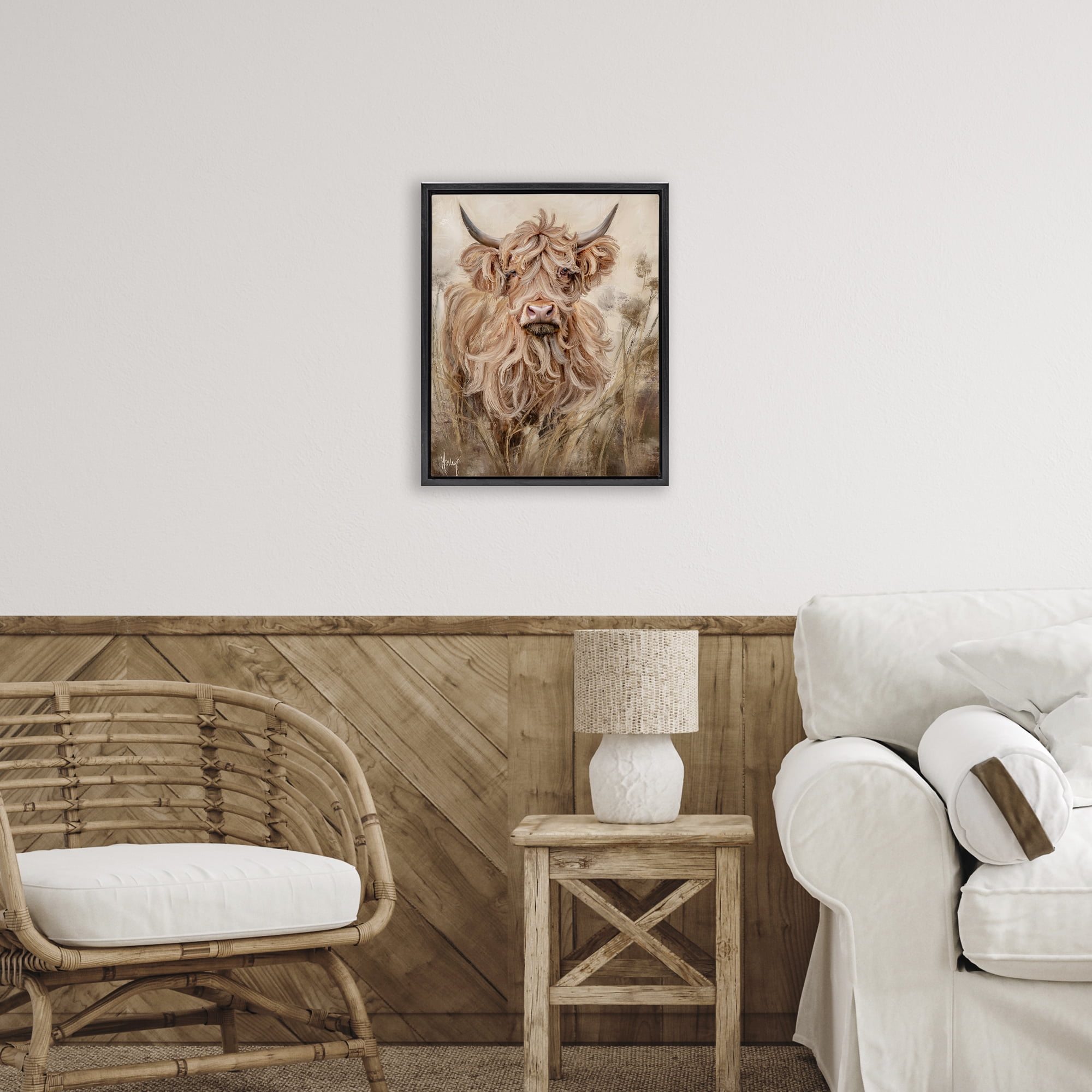 Curly Haired Highland Cattle Black Framed Floater Canvas Wall Art, design by Ashley Bradley