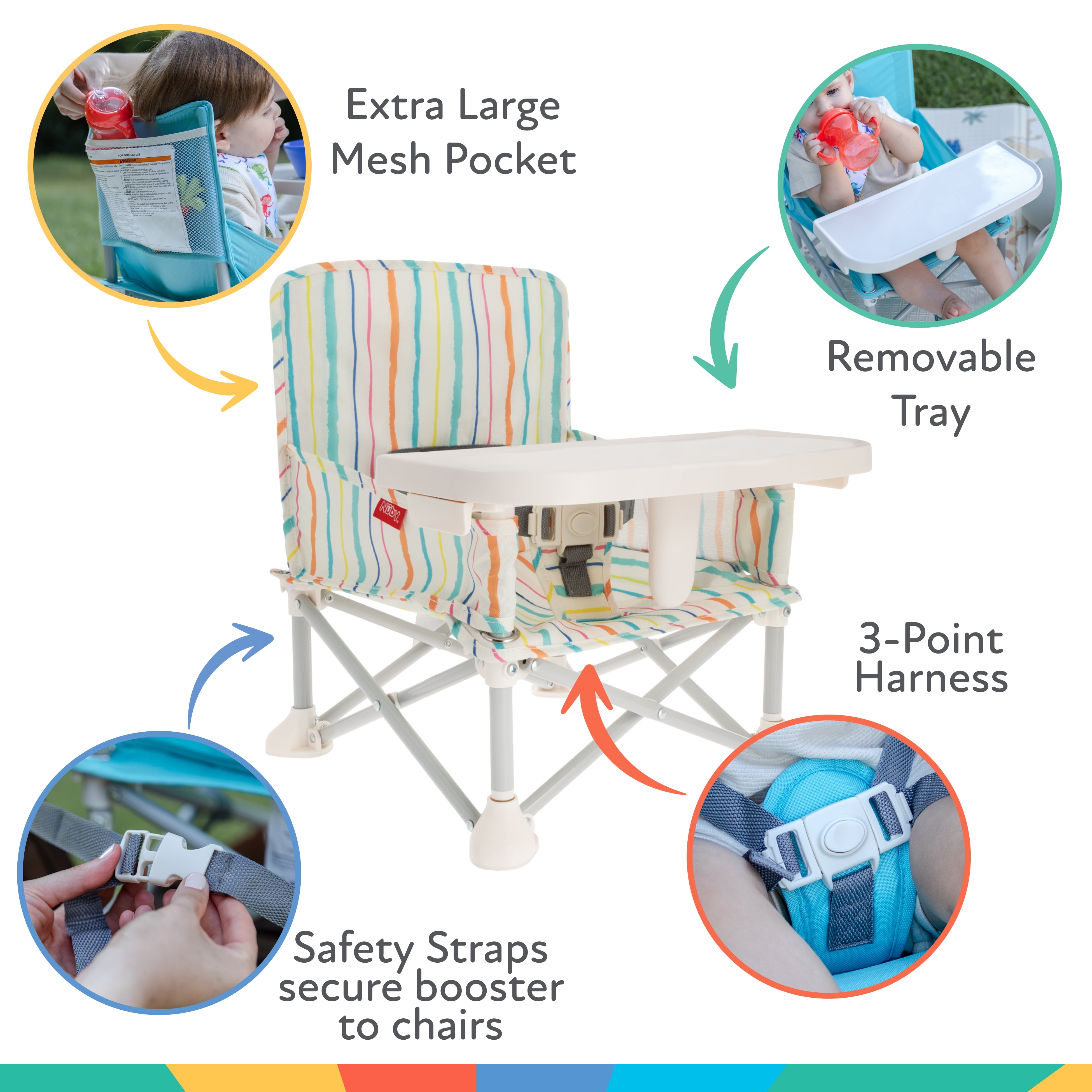 Nuby Pop-Up Portable Booster Seat with Removable Tray, Stripes
