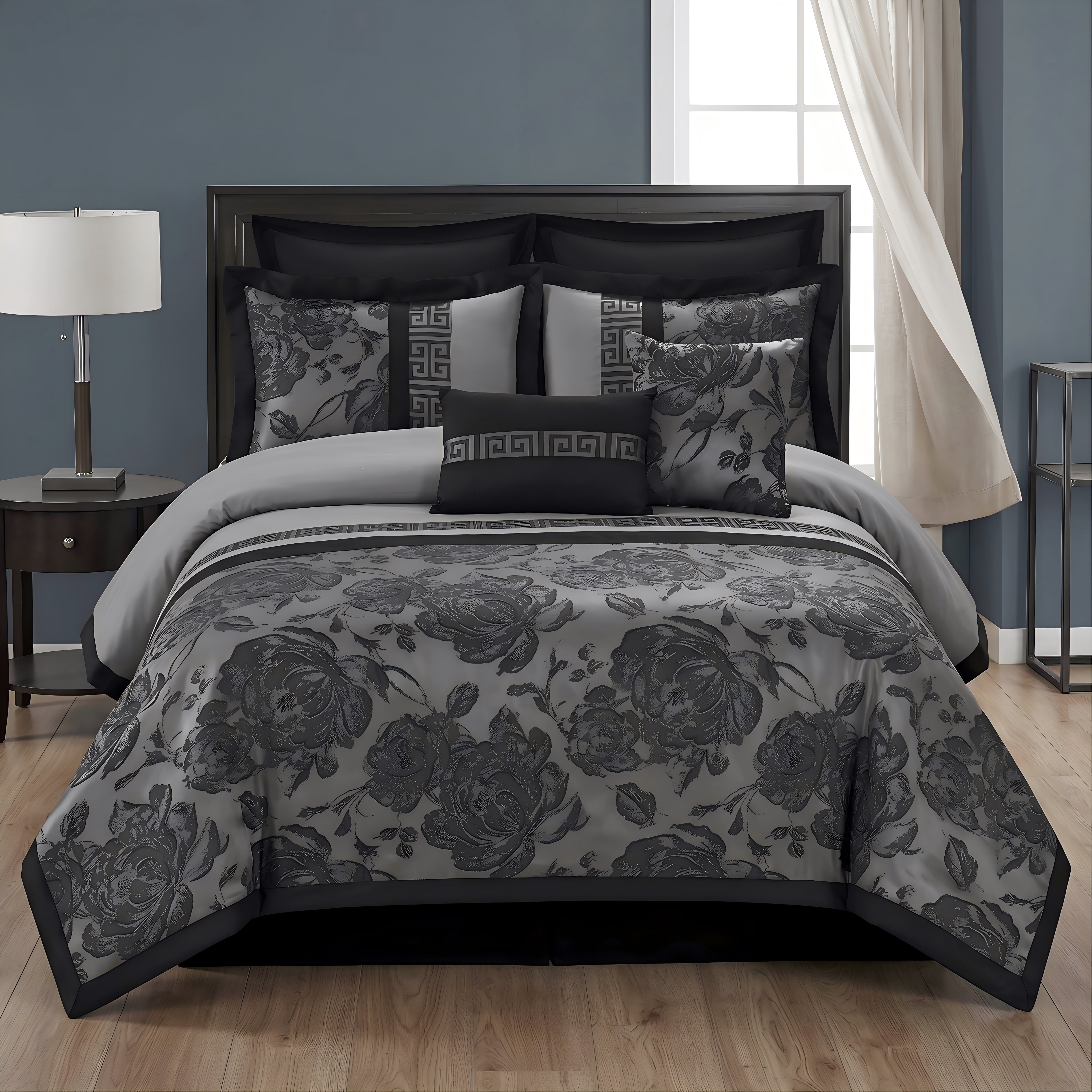 8pc Gray Queen Jacquard Floral Patchwork Bedding Set