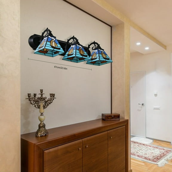 Tiffany Style Wall Sconce, 3-Light Vintage Wall Lamp Fixture with Stained Glass Shade, Sailboat Patterns for Kitchen