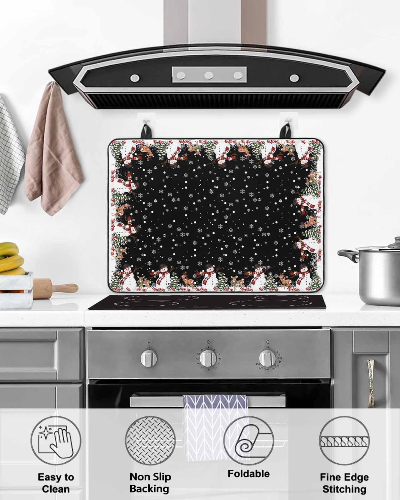 Large Induction Cooktop Protector Mat Black Christmas Stove Top Covers for Electric Stove, Cute Snowman Elk Xmas Tree Winter Snowflakes Decorative Stove Burner Cover Mats, Glass Top Stove Cover