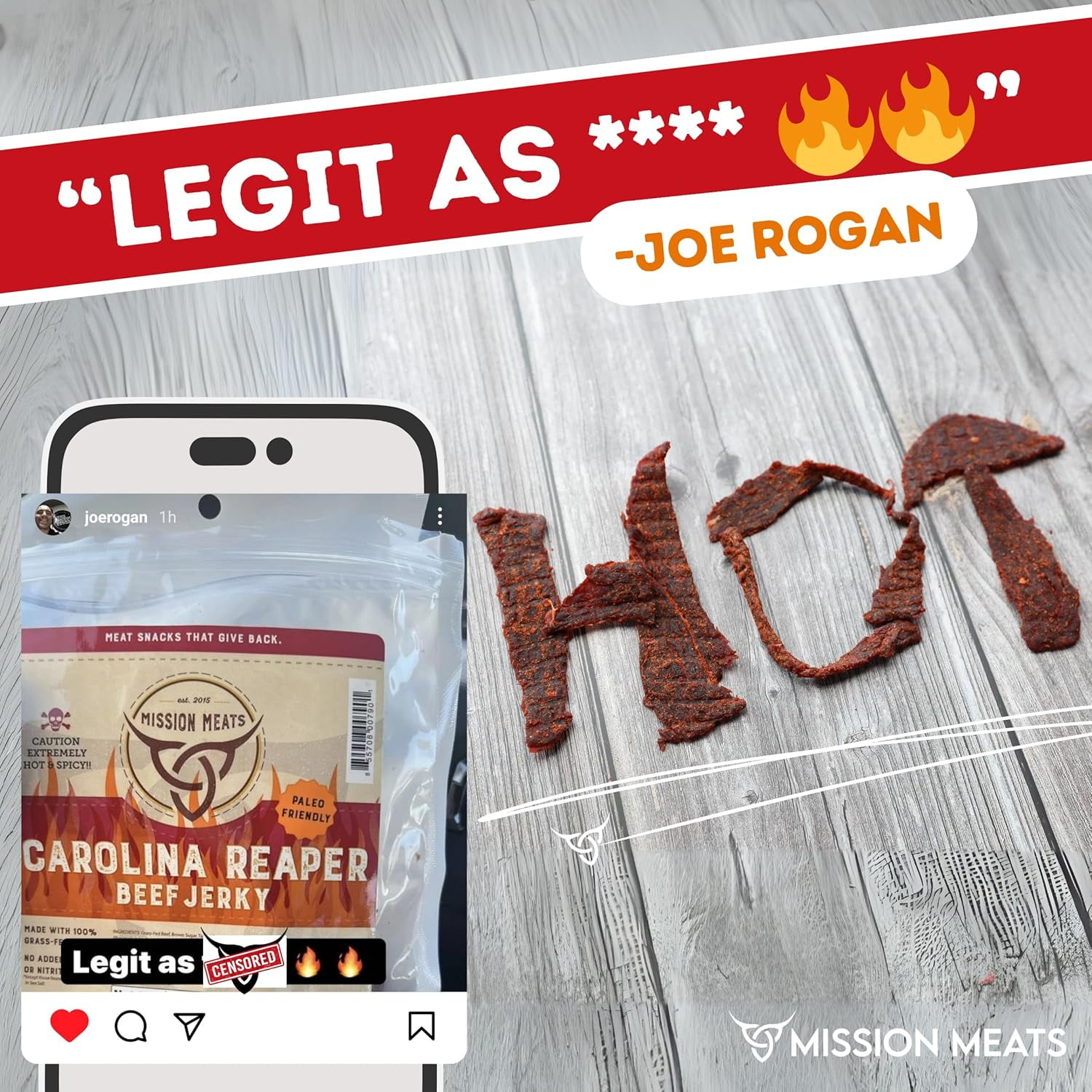 Mission Meats Carolina Reaper Jerky from 100% Grass Fed & Pasture Raised Beef, Caution: Extremely Spicy, Small Batch Hand Crafted, Gluten Free, 2oz (Pack of 3)